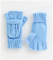 Blue Cable Knit Flip Top Gloves New Look
