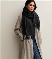 Black Long Fringed Midweight Knit Scarf New Look