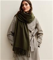 Khaki Long Fringed Midweight Knit Scarf New Look