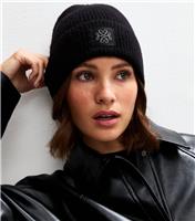 Black Ribbed Logo Tab Beanie New Look