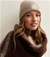 Oatmeal Ribbed Logo Tab Beanie New Look