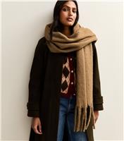 Camel Brushed Fringed Edge Heavyweight Scarf New Look