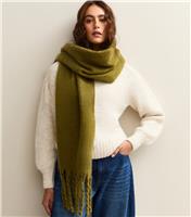 Khaki Brushed Fringed Edge Heavyweight Scarf New Look