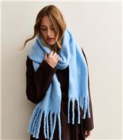 Blue Brushed Fringed Edge Heavyweight Scarf New Look