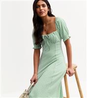 Women's Green Crinkled Gingham Check Midi Dress New Look