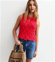 Women's Bright Red Open Knit Vest Top New Look