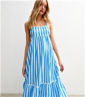 Women's Blue Striped Scalloped Edge Midi Dress New Look