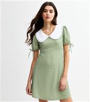 Women's Green Gingham Check Contrast Collar Tie Sleeve Mini Dress New Look
