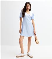 Women's Blue Gingham Check Contrast Collar Tie Sleeve Mini Dress New Look