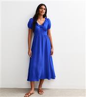 Women's Bright Blue Ruffle Trim V-Neck Midi Dress New Look
