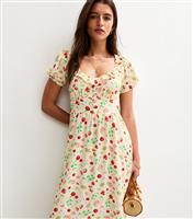Women's Cream Fruit Print Ruffle Trim Faux Button Tea Midi Dress New Look