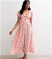 Women's Pink Floral Print Ruffle Trim Midi Tea Dress New Look
