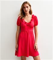 Women's Red Ruffle Trim Puff Sleeve Mini Dress New Look