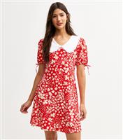 Women's Red Crinkle Texture Floral Print Frill Collar Mini Dress New Look