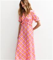 Women's Pink Check Print Ruffle Front Satin Midi Dress New Look