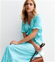 Women's Blue Satin Floral Print Ruffle Trim Midi Dress New Look