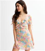 Women's Pink Floral Print Tie Sleeve Bias Cut Chiffon Mini Dress New Look