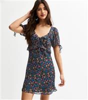 Women's Black Floral Print Tie Sleeve Bias Cut Chiffon Mini Dress New Look