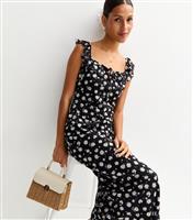 Women's Black Daisy Print Frilly Trimmed Midi Dress New Look