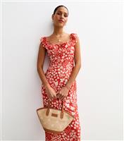Women's Red Floral Print Frilly Trimmed Midi Dress New Look