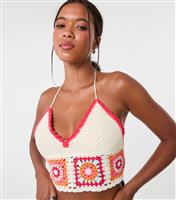 Women's Multicoloured Crochet Patchwork Bralette Pink Vanilla New Look