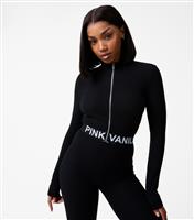 Women's Black Ribbed Logo Hem Zip Up Top Pink Vanilla New Look