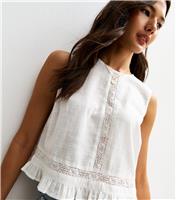 Women's White Cotton Lace Trim Ruffle Hem Top New Look