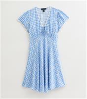 Women's Petite Blue Floral Print Gingham Mini Smock Dress New Look
