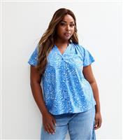 Women's Plus Size Bright Blue Pattern Print Button Up Top Curves New Look