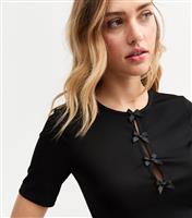 Women's Black Ribbed Bow Appliqued Top New Look