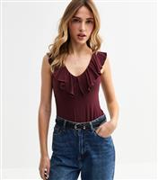 Women's Burgundy Frill Trim Jersey Thong Bodysuit New Look