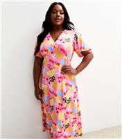 Women's Plus Size Pink Tropical Print Short Sleeve Midi Tea Dress Curves New Look