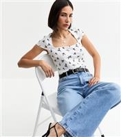 Women's White Square Neck Floral Print Top New Look