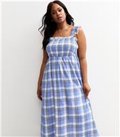 Women's Plus Size Blue Check Shirred Frill Sleeve Midi Dress Curves New Look