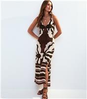 Women's Brown Leaf Print Halter Neck Back Ring Midi Dress New Look