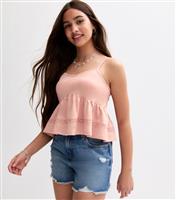 Girls' Pink Lace Insert V-Neck Cami Top New Look