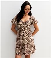 Women's Brown Shell Print Puff Sleeve Mini Dress New Look