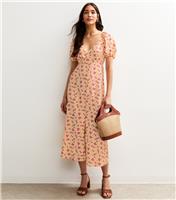 Women's Yellow Floral Print Puff Sleeve Midi Dress New Look