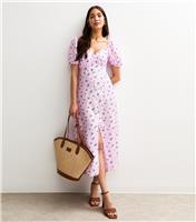 Women's Pink Floral Print Puff Sleeve Tiered Midi Dress New Look