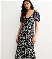 Women's Black Floral Print Puff Sleeve Tiered Midi Dress New Look