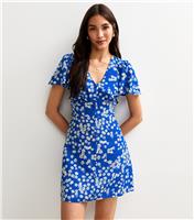 Women's Blue Floral Print V-Neck Mini Dress New Look