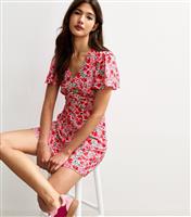 Women's Pink Floral Print V-Neck Mini Dress New Look