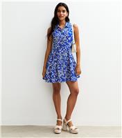 Women's Blue Floral Print Button Up Tiered Mini Dress New Look