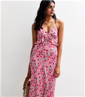 Women's Pink Floral Print Strappy Ruffle Trim Midi Dress New Look