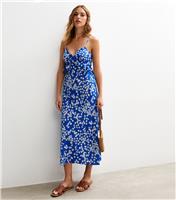 Women's Blue Floral Print Strappy Ruffle Trim Midi Dress New Look