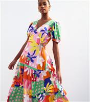 Women's Multicoloured Patchwork Print Wrap Style Midi Dress New Look