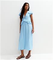 Women's Blue Frilly Trimmed Chiffon Midi Dress New Look