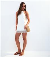 Women's White Crochet Tassel Hem Cover Up Beach Mini Dress New Look