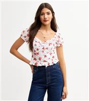 Women's White Rose Print Broderie Anglaise Milkmaid Top New Look