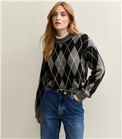 Women's Grey Argyle Crew Neck Midweight Knit Jumper New Look